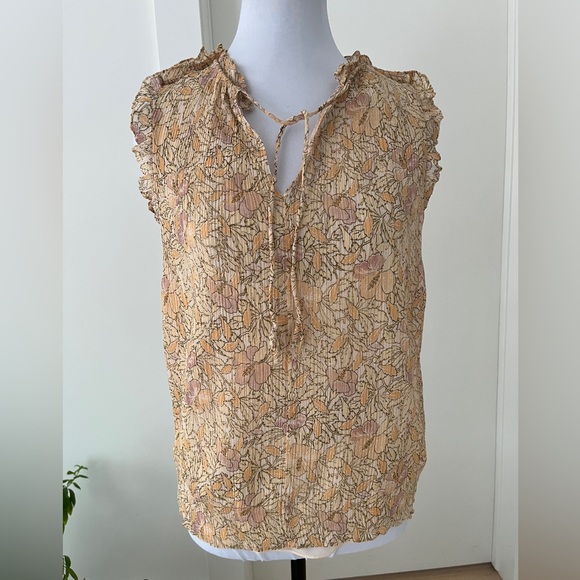 Rebecca Taylor Tops - REBECCA TAYLOR Sleeveless Lined Pullover Blouse Ruffle Floral Crinkle Metallic